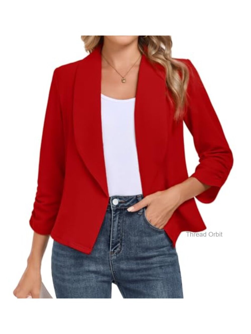 Womens Blazer 3/4 Sleeve Open Front Slim Fit Business Casual Work Jacket